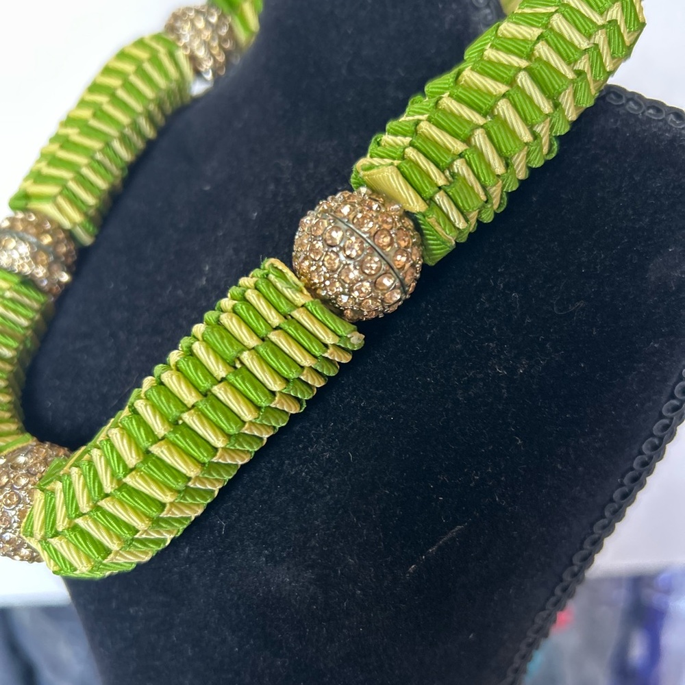 Elegant Green Yellow Gold Rhinestone Necklace Thick Chunky Statement - Picture 3 of 6